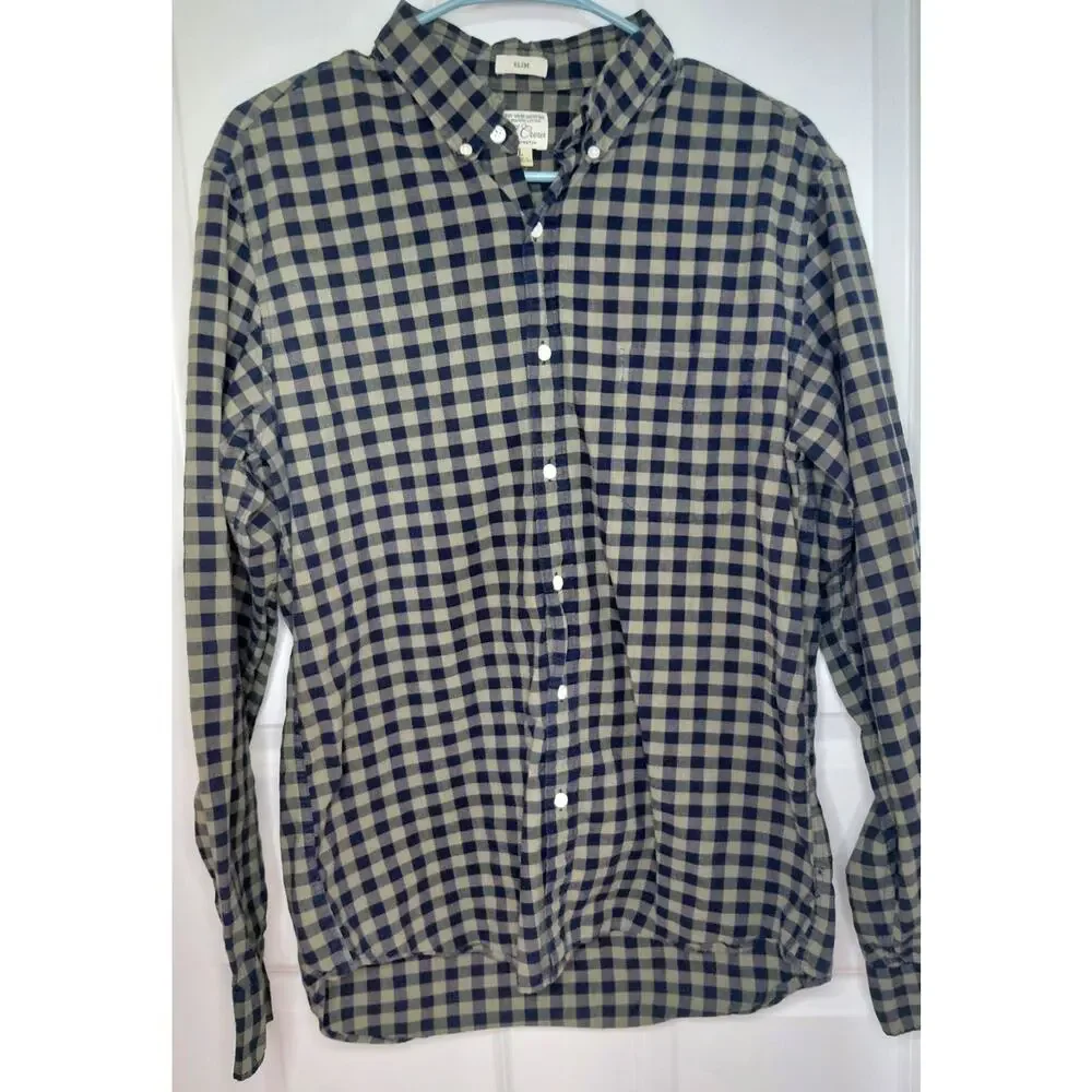 J.Crew Secret Wash Slim Fit Gingham Button Down Shirt Mens L Olive Black Organic